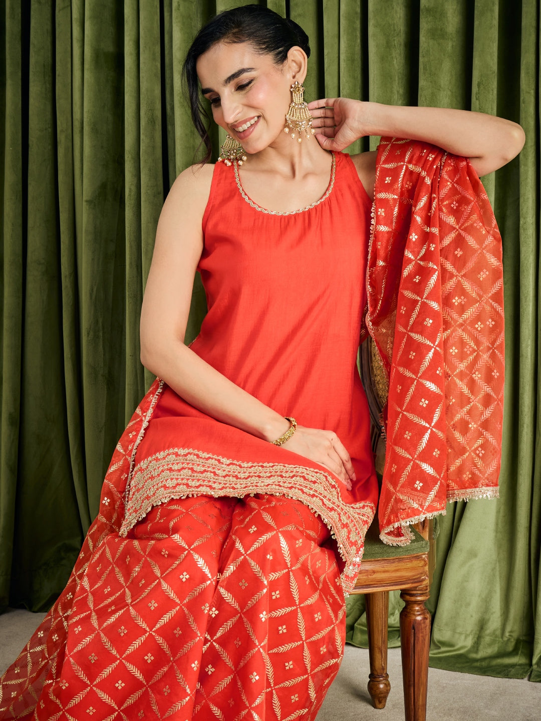 Janasya Women's Orange Chanderi Silk Embroidered Straight Kurta with Palazzo and Dupatta Set