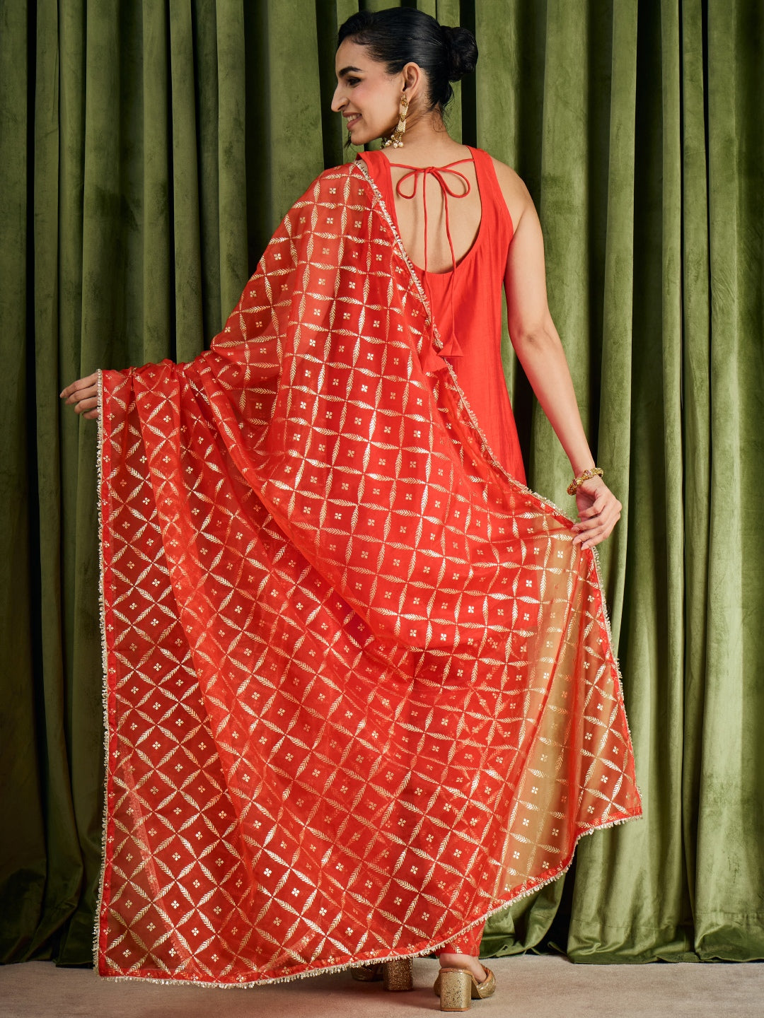 Janasya Women's Orange Chanderi Silk Embroidered Straight Kurta with Palazzo and Dupatta Set