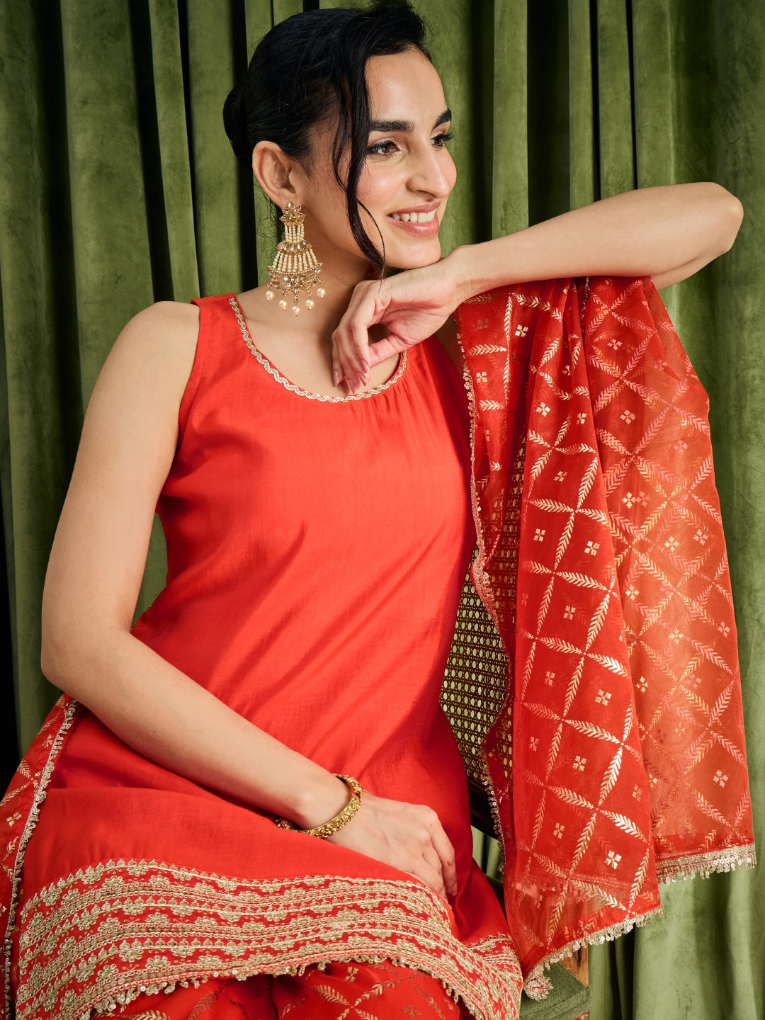 Janasya Women's Orange Chanderi Silk Embroidered Straight Kurta with Palazzo and Dupatta Set