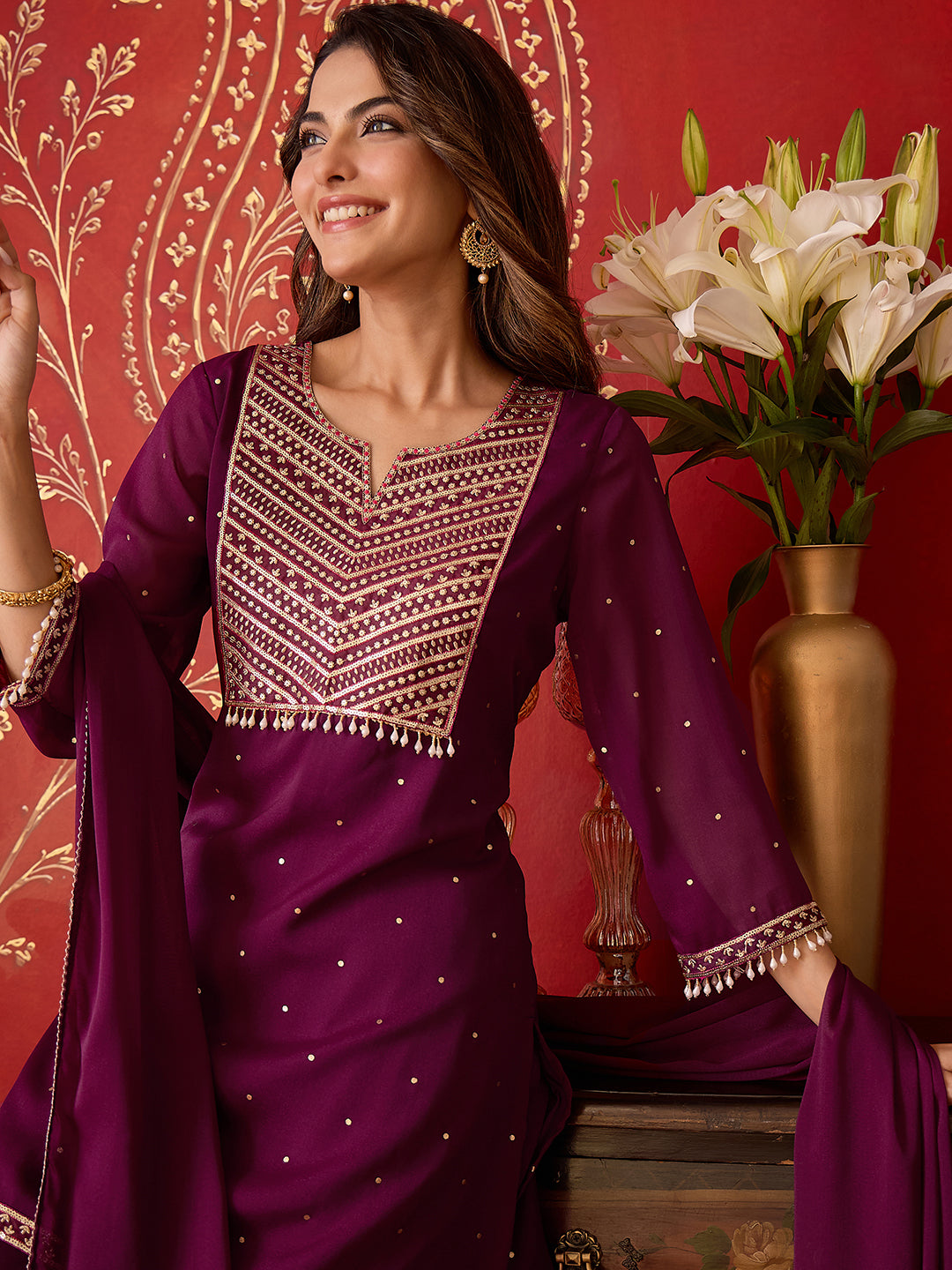 Janasya Women's Wine Georgette Embellished Foil Printed Straight Kurta with Palazzo and Dupatta Set