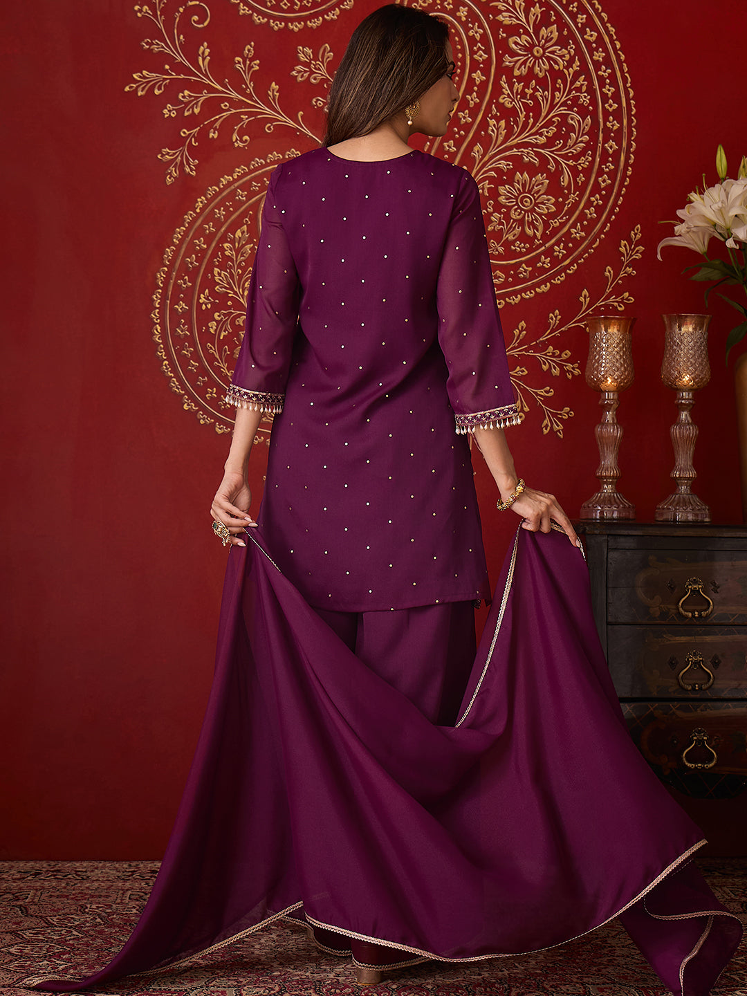 Janasya Women's Wine Georgette Embellished Foil Printed Straight Kurta with Palazzo and Dupatta Set