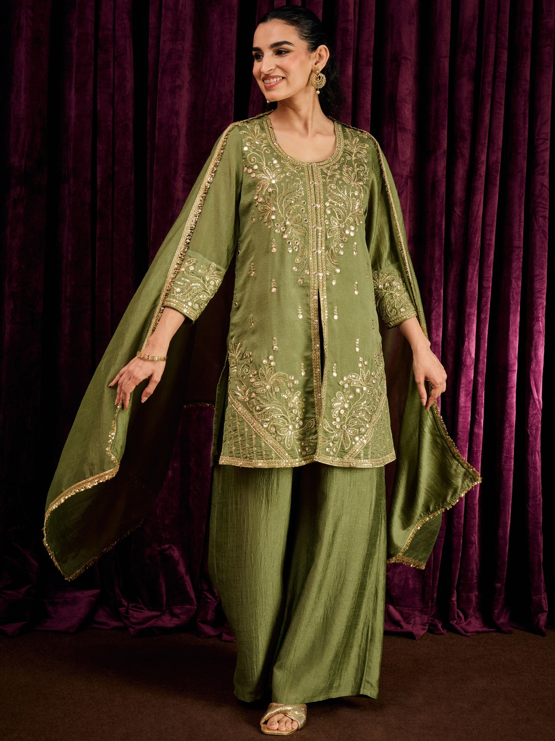 Janasya Women's Olive Green Silk Blend Floral Zari Mirror Work Embroidered Straight Kurta with Palazzo And Dupatta Set