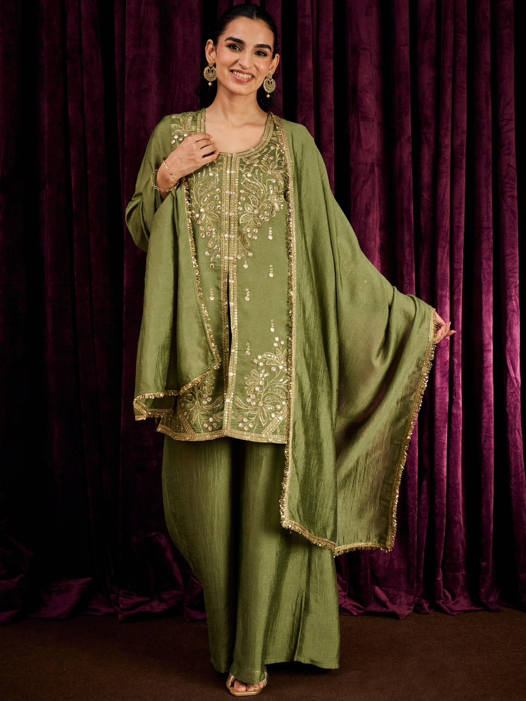 Janasya Women's Olive Green Silk Blend Floral Zari Mirror Work Embroidered Straight Kurta with Palazzo And Dupatta Set