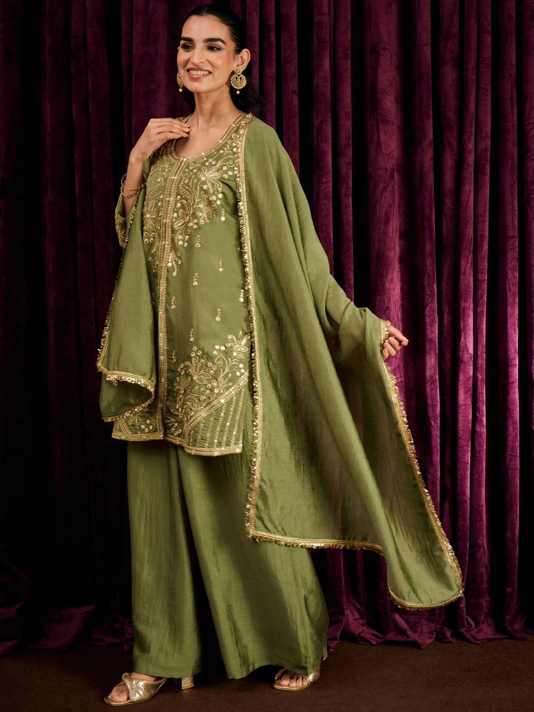 Janasya Women's Olive Green Silk Blend Floral Zari Mirror Work Embroidered Straight Kurta with Palazzo And Dupatta Set