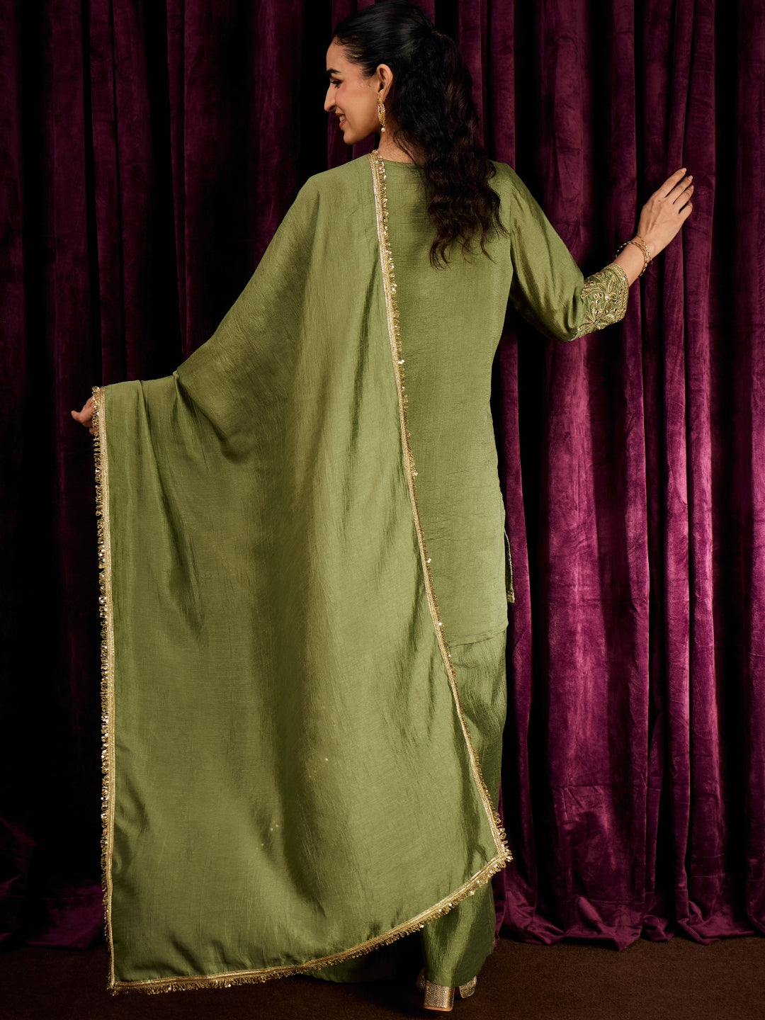 Janasya Women's Olive Green Silk Blend Floral Zari Mirror Work Embroidered Straight Kurta with Palazzo And Dupatta Set