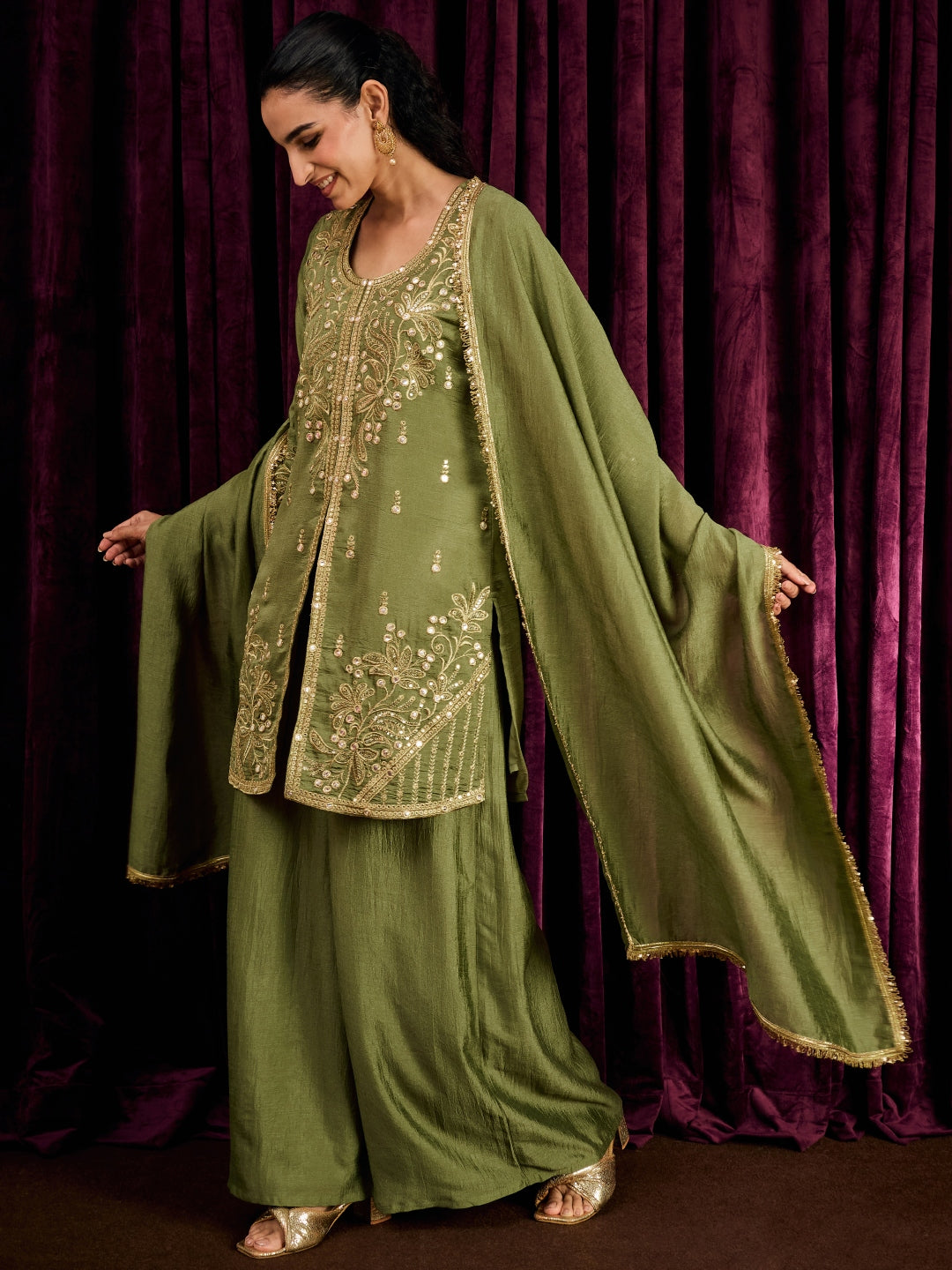 Janasya Women's Olive Green Silk Blend Floral Zari Mirror Work Embroidered Straight Kurta with Palazzo And Dupatta Set