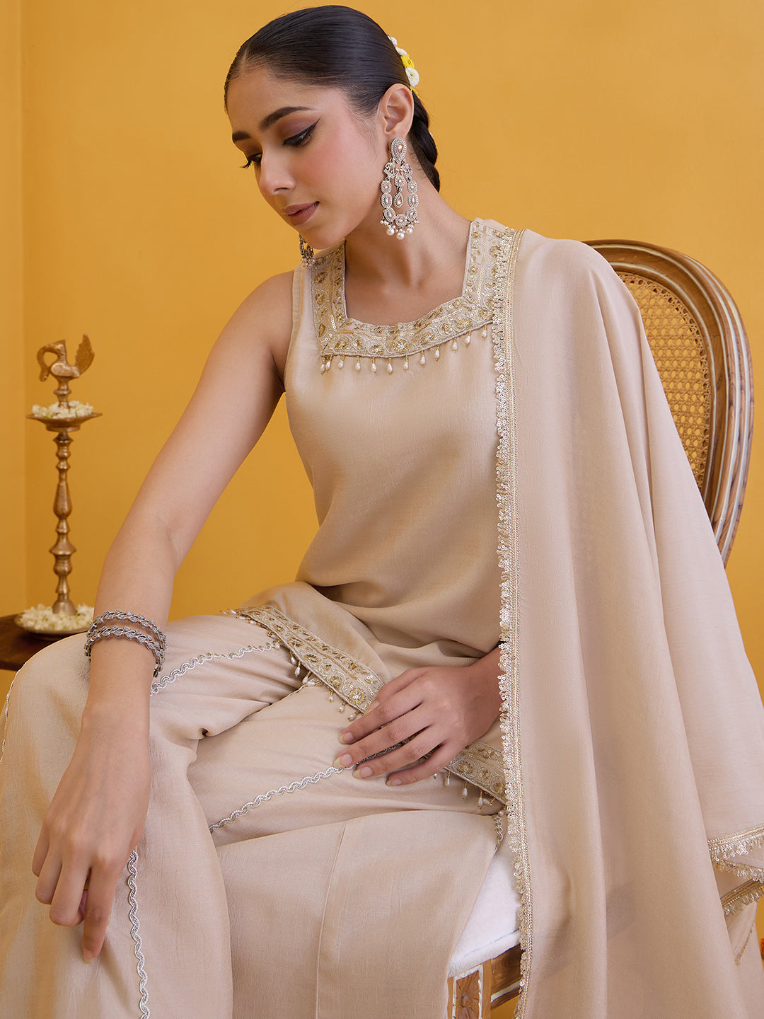 Janasya Women's Beige Silk Blend Floral Embroidered Straight Kurta with Sharara and Dupatta Set