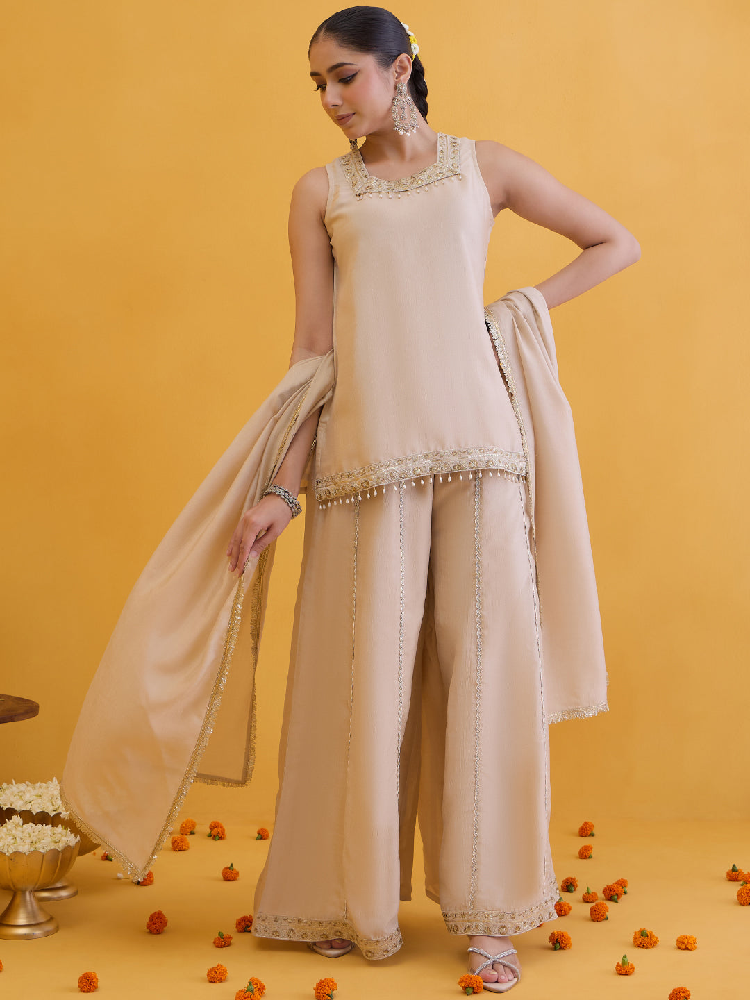 Janasya Women's Beige Silk Blend Floral Embroidered Straight Kurta with Sharara and Dupatta Set