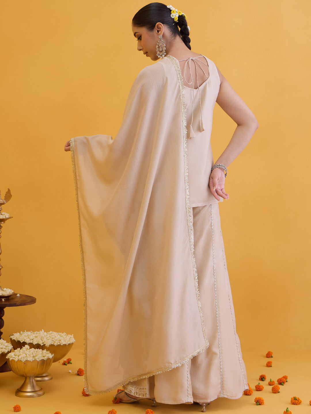 Janasya Women's Beige Silk Blend Floral Embroidered Straight Kurta with Sharara and Dupatta Set
