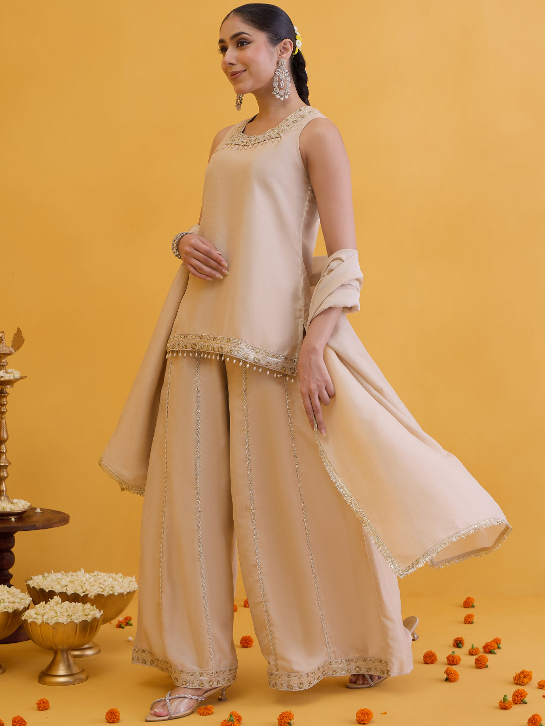 Janasya Women's Beige Silk Blend Floral Embroidered Straight Kurta with Sharara and Dupatta Set