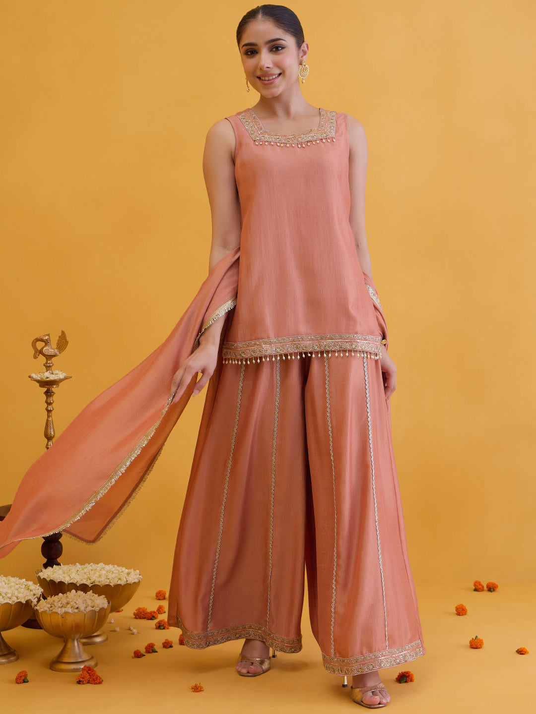 Janasya Women's Peach Silk Blend Floral Embroidered Straight Kurta with Sharara And Dupatta Set