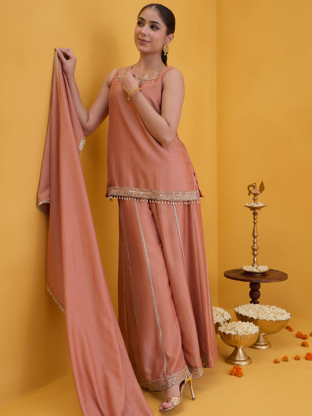 Janasya Women's Peach Silk Blend Floral Embroidered Straight Kurta with Sharara And Dupatta Set