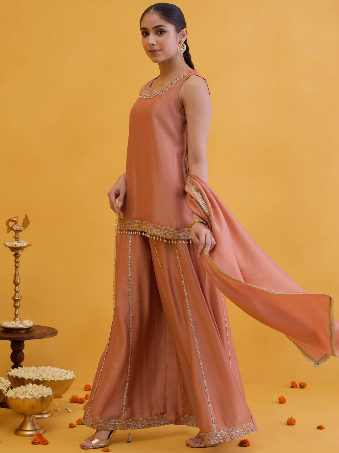 Janasya Women's Peach Silk Blend Floral Embroidered Straight Kurta with Sharara And Dupatta Set