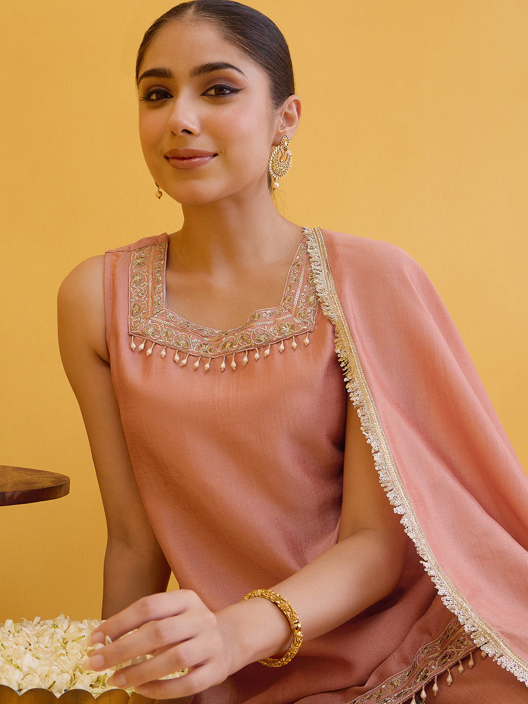 Janasya Women's Peach Silk Blend Floral Embroidered Straight Kurta with Sharara And Dupatta Set