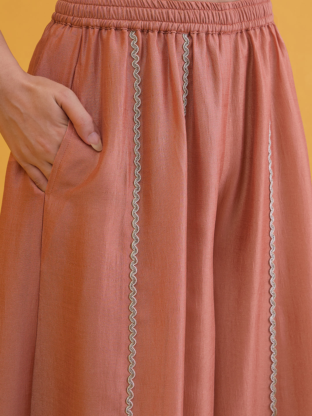 Janasya Women's Peach Silk Blend Floral Embroidered Straight Kurta with Sharara And Dupatta Set