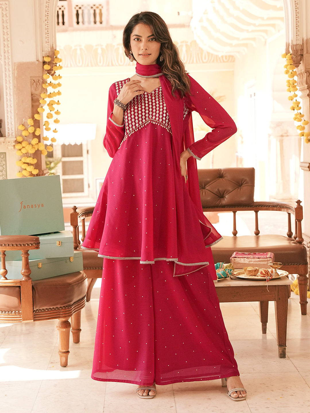 Janasya Women's Pink Georgette Embellished Gold Foil Printed A-Line Kurta and Palazzo Set with Dupatta