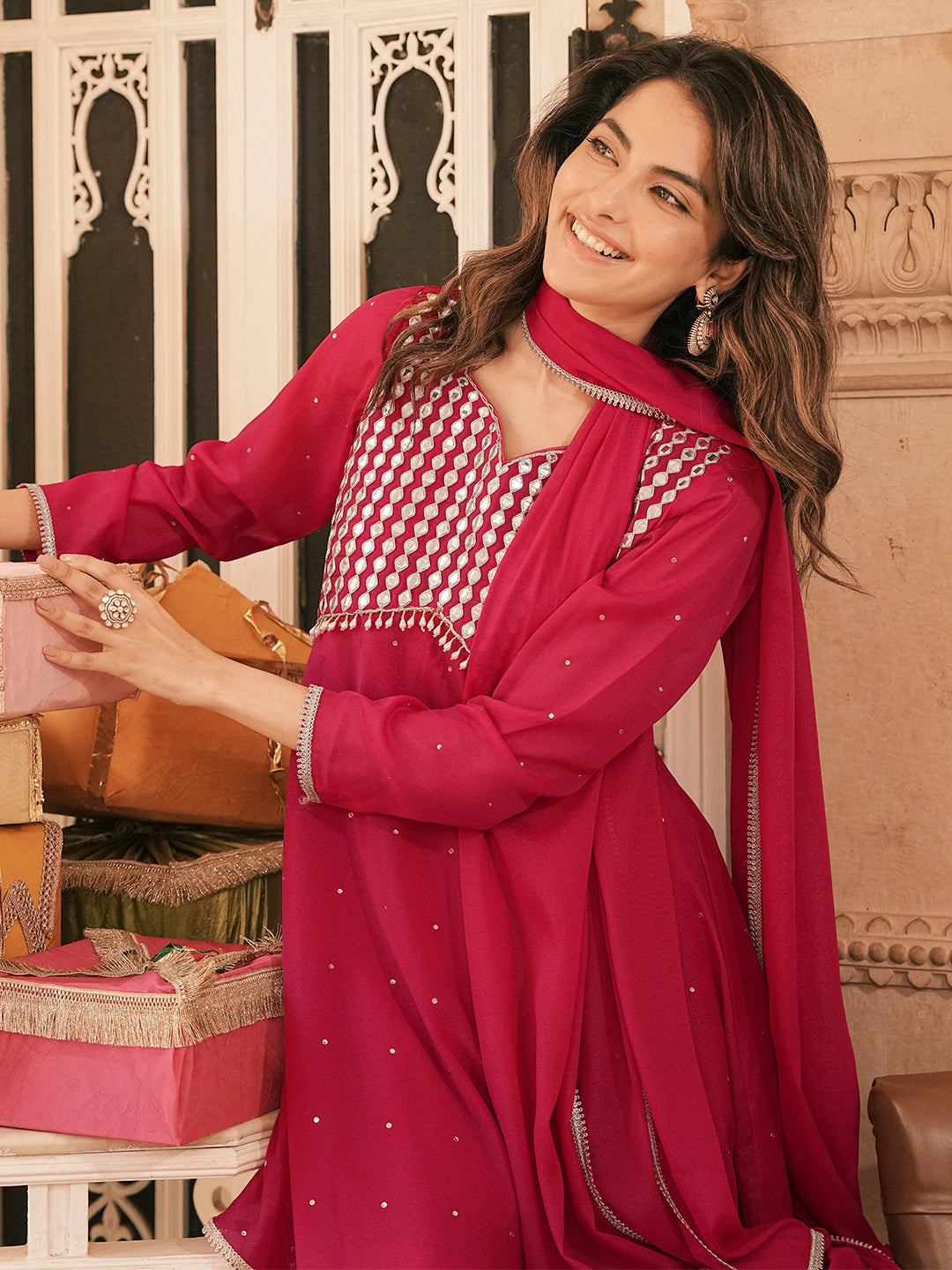 Janasya Women's Pink Georgette Embellished Gold Foil Printed A-Line Kurta and Palazzo Set with Dupatta