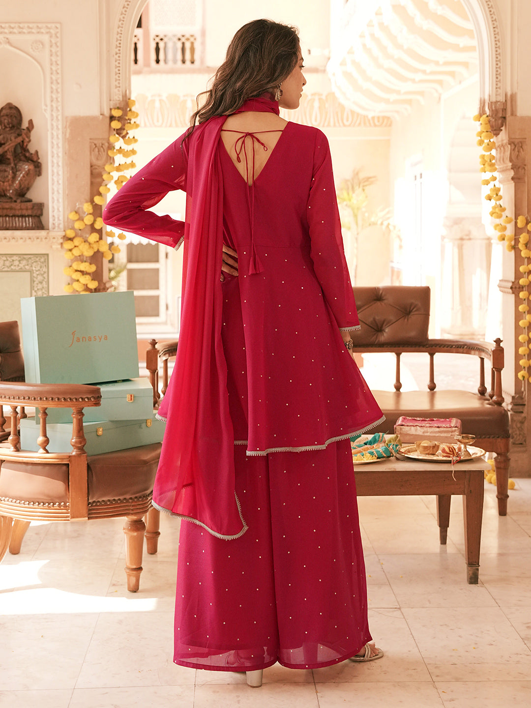 Janasya Women's Pink Georgette Embellished Gold Foil Printed A-Line Kurta and Palazzo Set with Dupatta