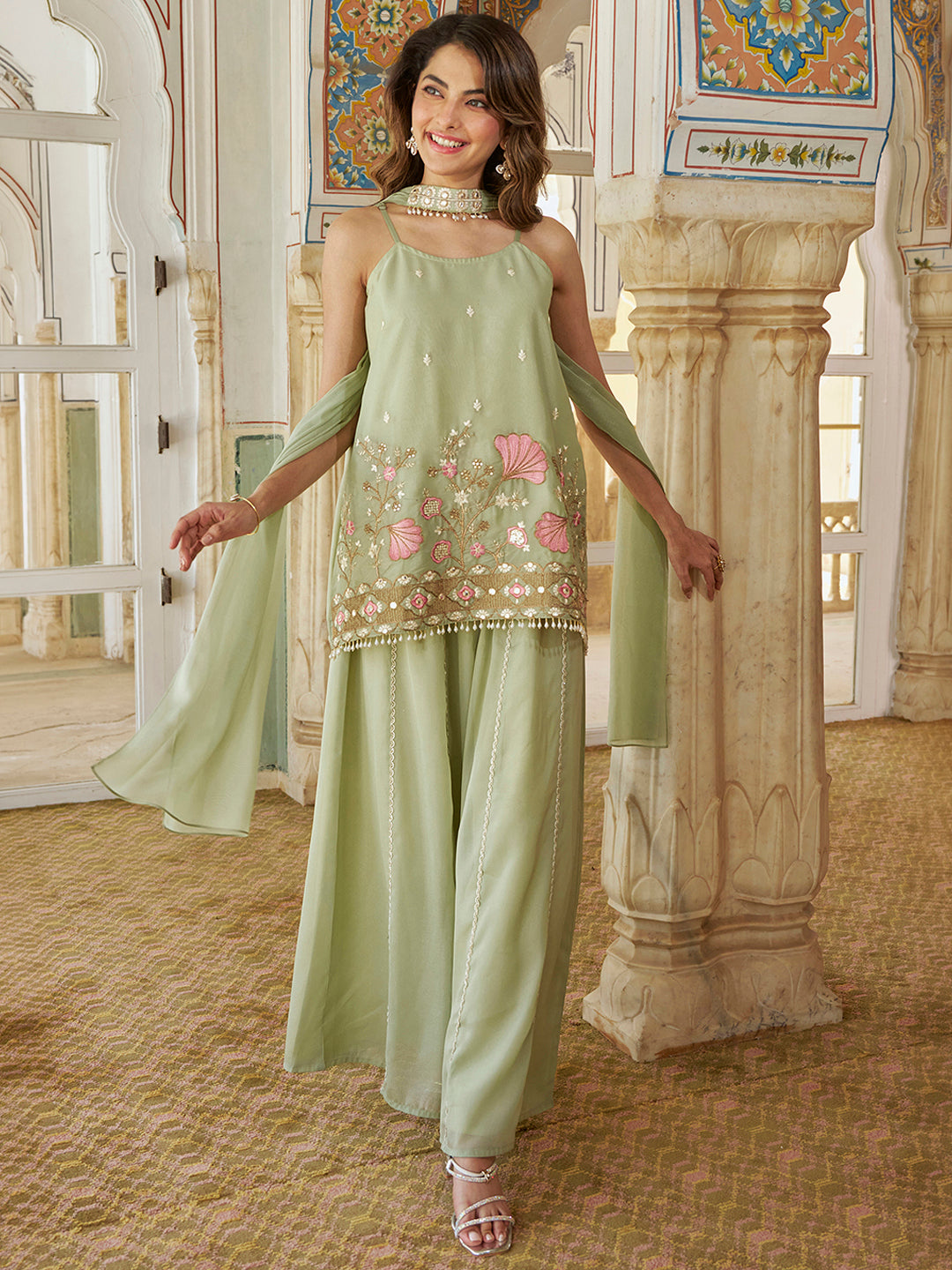 Janasya Women's Mint Green Georgette Floral Embroidered Straight Kurta with Sharara and Choker Dupatta Set