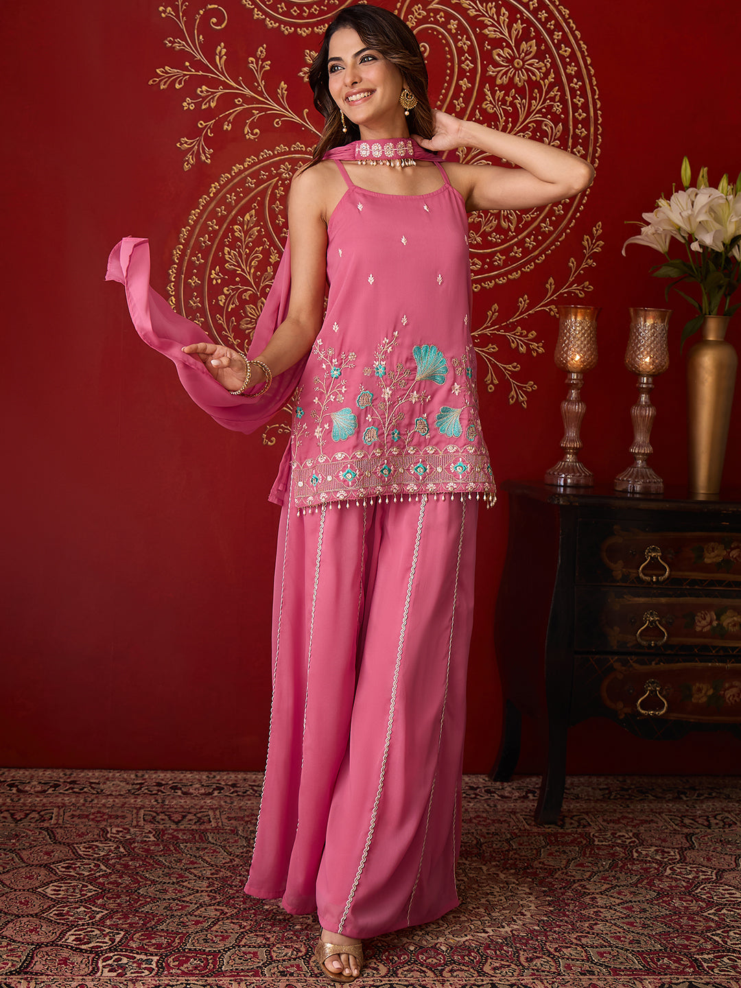Janasya Women's Pink Georgette Floral Beads Zari Embroidered Straight Kurta with Sharara and Choker Dupatta Set