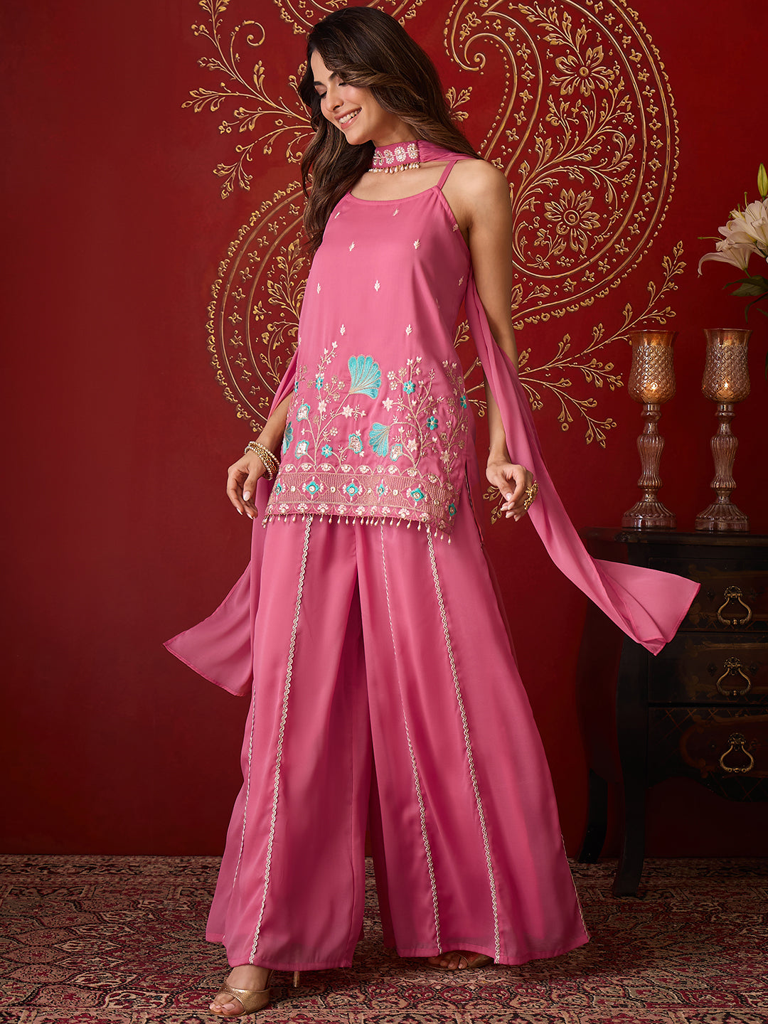Janasya Women's Pink Georgette Floral Beads Zari Embroidered Straight Kurta with Sharara and Choker Dupatta Set