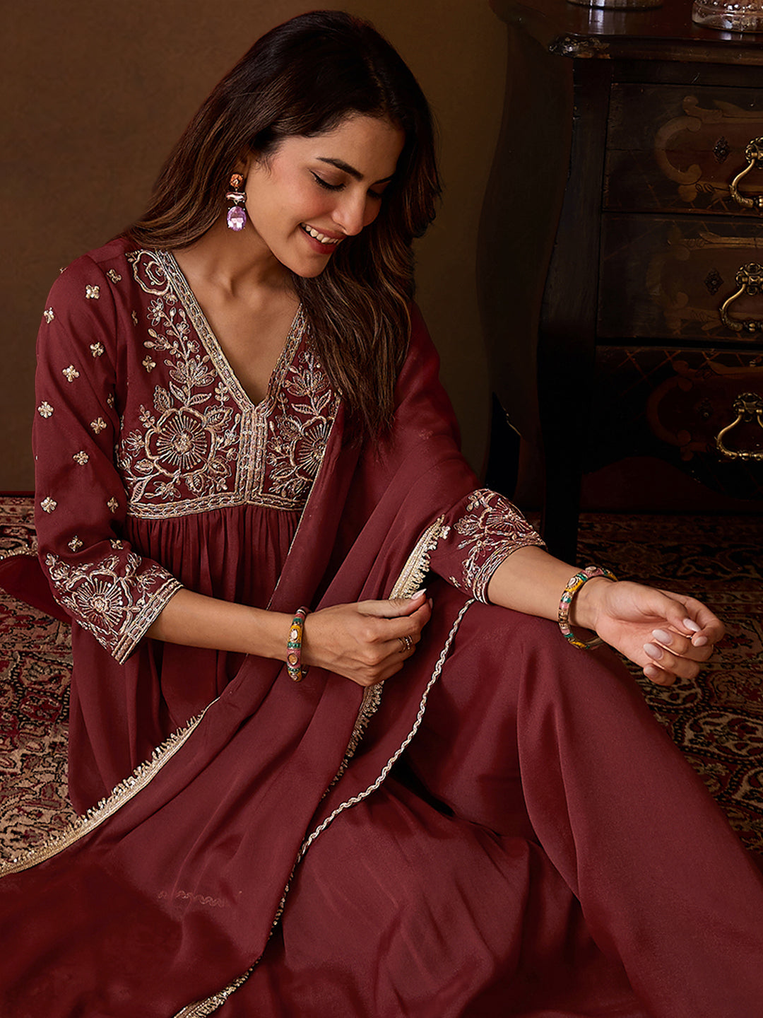Janasya Women's Brown Georgette Floral Yoke Embroidered A-Line Kurta with Sharara and Dupatta Set