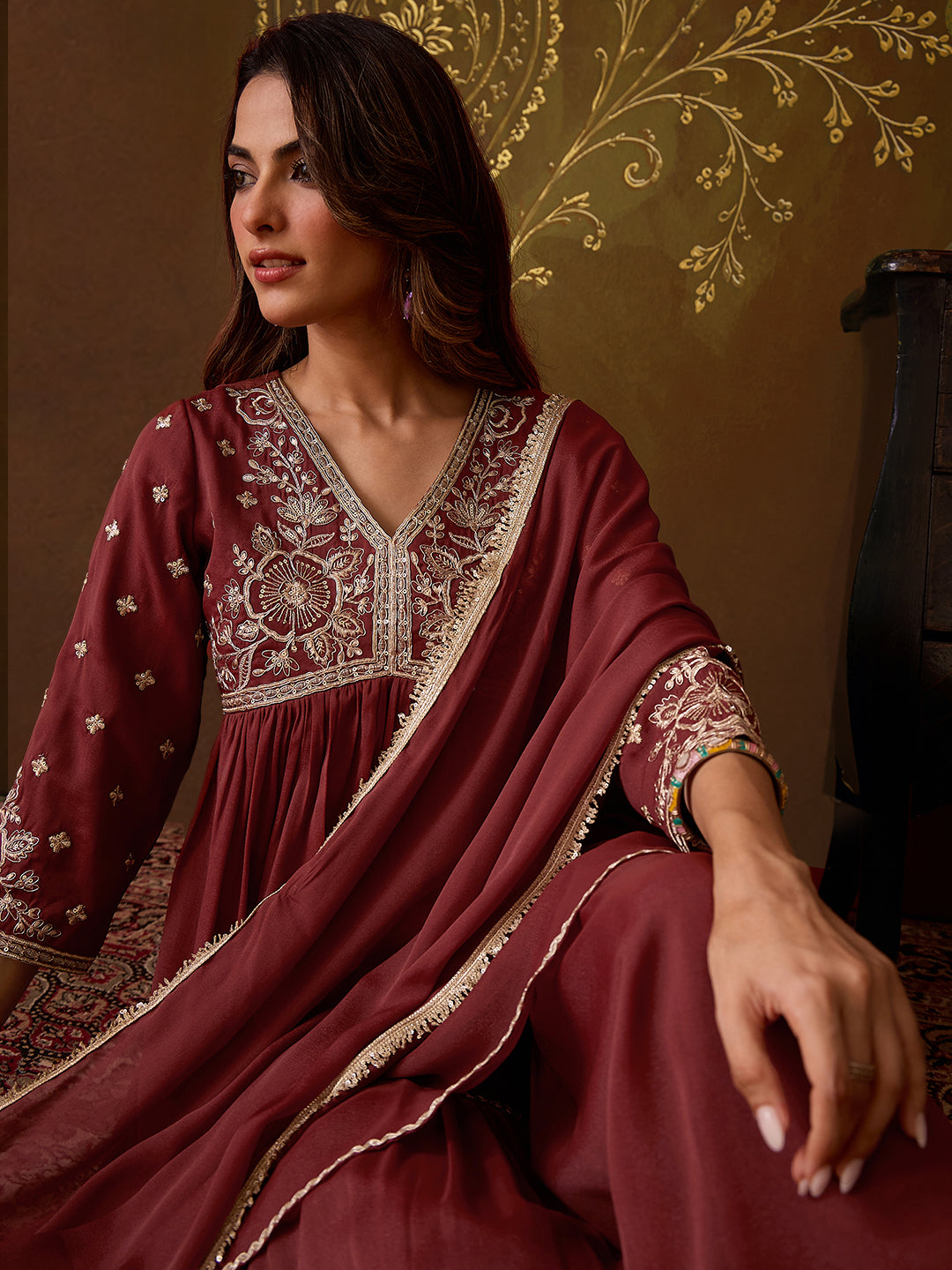 Janasya Women's Brown Georgette Floral Yoke Embroidered A-Line Kurta with Sharara and Dupatta Set