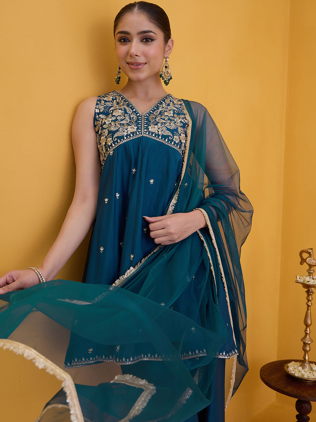 Janasya Women's Teal Blue Chanderi Silk Floarl Zari Embroidered Peplum Kurta with Palazzo & Duppatta Set
