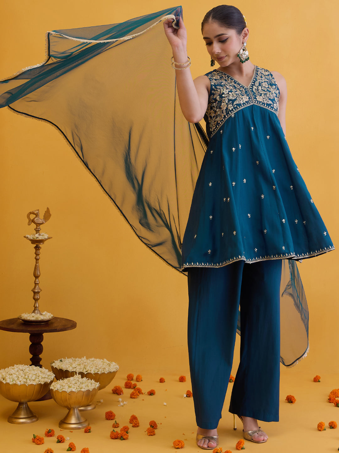 Janasya Women's Teal Blue Chanderi Silk Floarl Zari Embroidered Peplum Kurta with Palazzo & Duppatta Set
