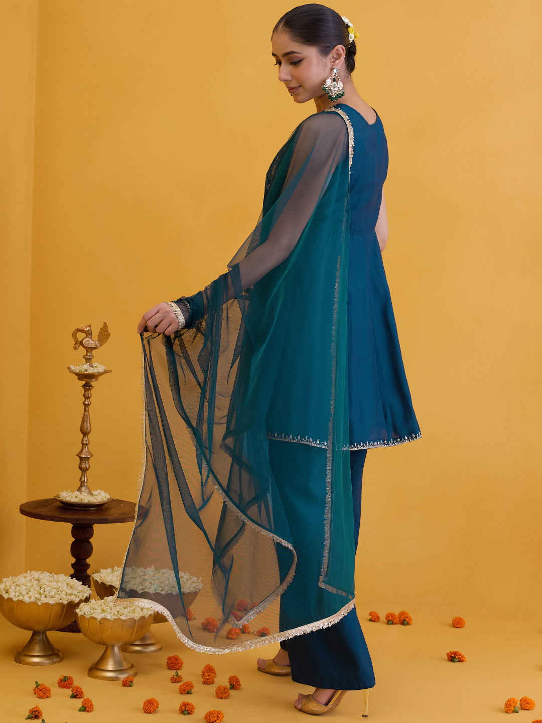 Janasya Women's Teal Blue Chanderi Silk Floarl Zari Embroidered Peplum Kurta with Palazzo & Duppatta Set