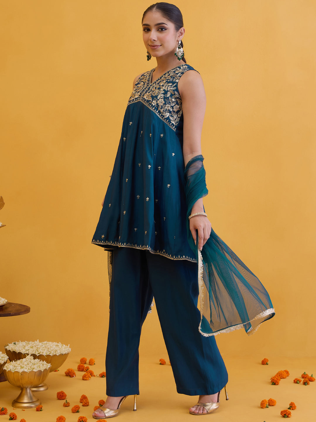 Janasya Women's Teal Blue Chanderi Silk Floarl Zari Embroidered Peplum Kurta with Palazzo & Duppatta Set