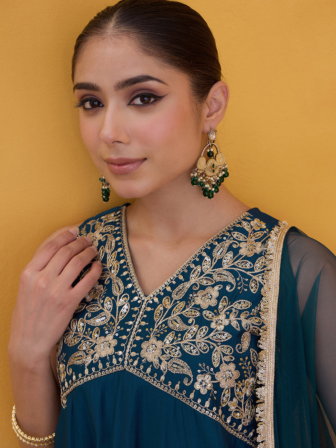 Janasya Women's Teal Blue Chanderi Silk Floarl Zari Embroidered Peplum Kurta with Palazzo & Duppatta Set