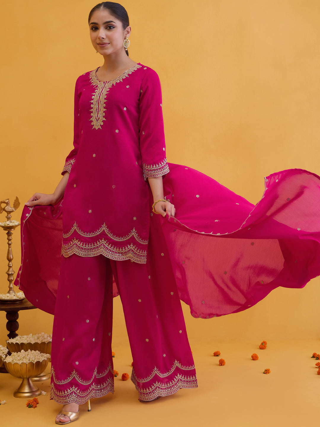 Janasya Women's Pink Silk Blend Floral Zari Embroidered Straight Kurta with Palazzo and Dupatta Set