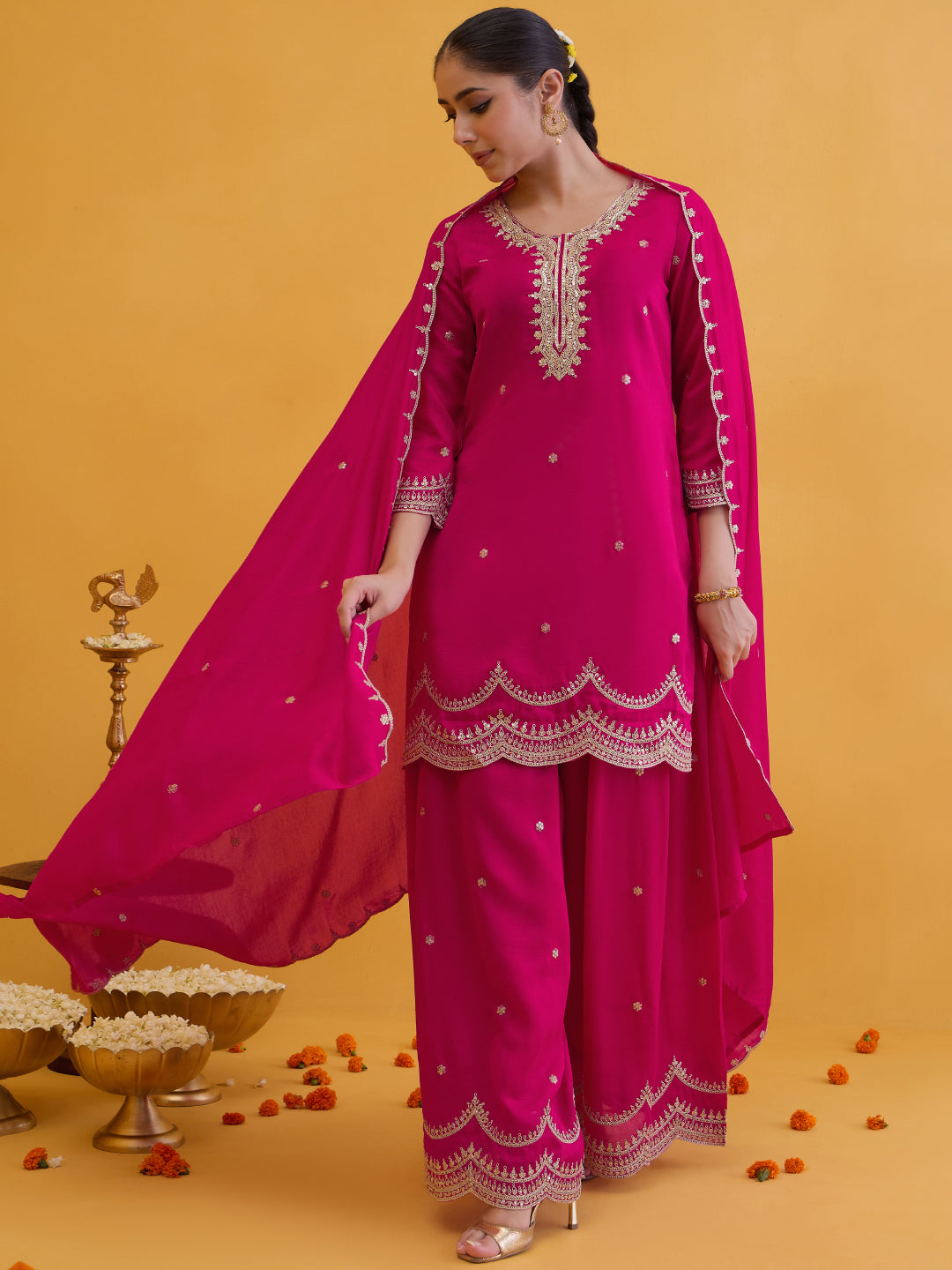 Janasya Women's Pink Silk Blend Floral Zari Embroidered Straight Kurta with Palazzo and Dupatta Set
