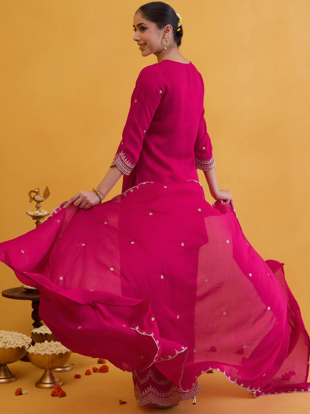 Janasya Women's Pink Silk Blend Floral Zari Embroidered Straight Kurta with Palazzo and Dupatta Set
