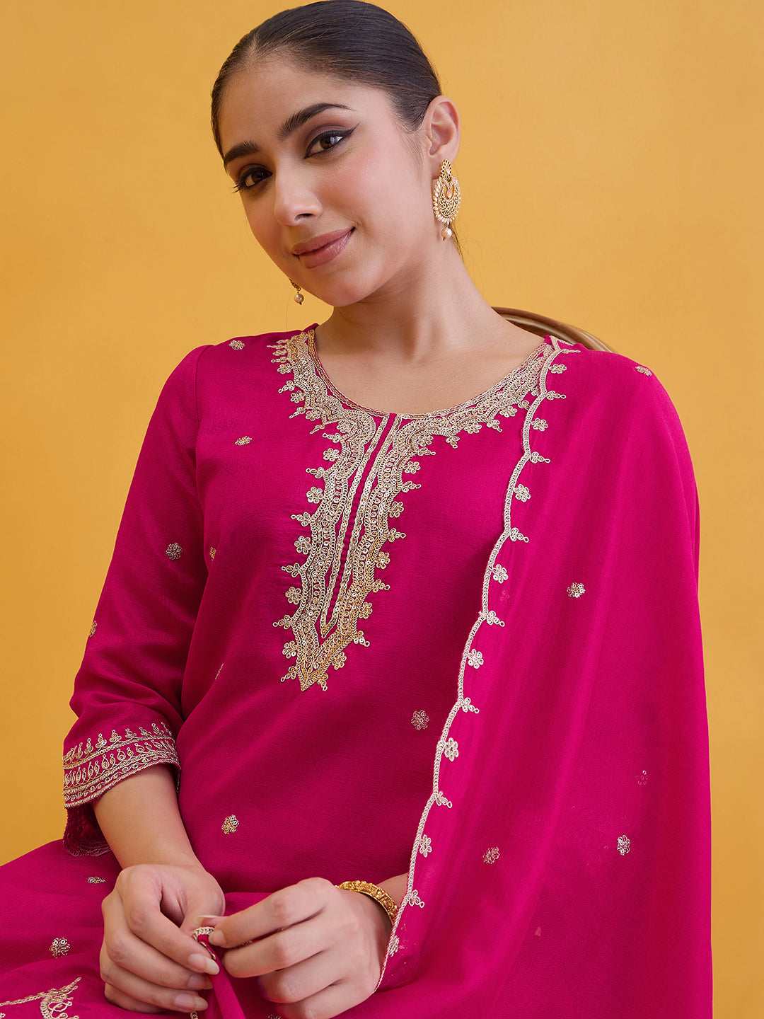 Janasya Women's Pink Silk Blend Floral Zari Embroidered Straight Kurta with Palazzo and Dupatta Set
