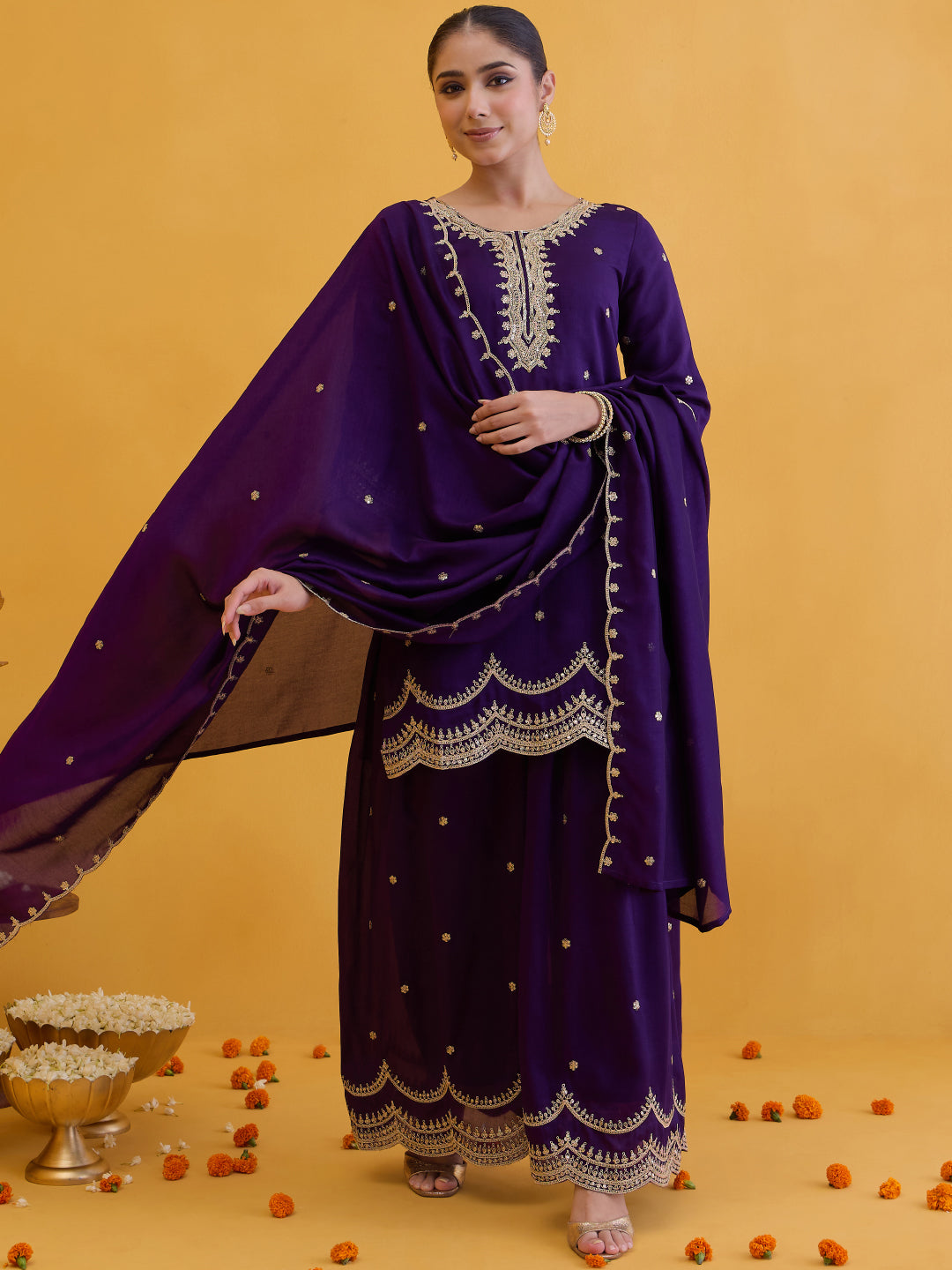 Janasya Women's Purple Silk Blend Zari Embroidered Straight Kurta with Palazzo And Dupatta Set