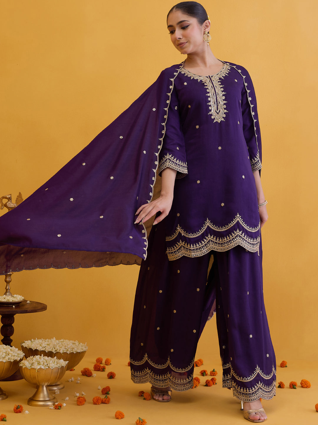 Janasya Women's Purple Silk Blend Zari Embroidered Straight Kurta with Palazzo And Dupatta Set