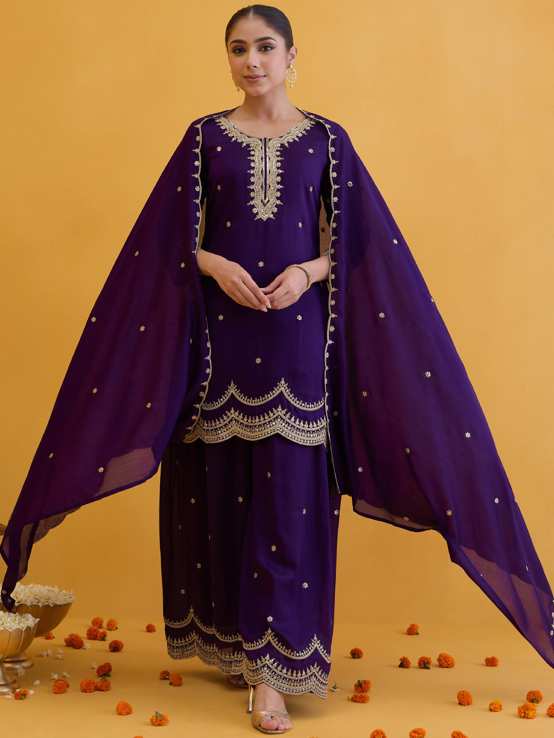 Janasya Women's Purple Silk Blend Zari Embroidered Straight Kurta with Palazzo And Dupatta Set