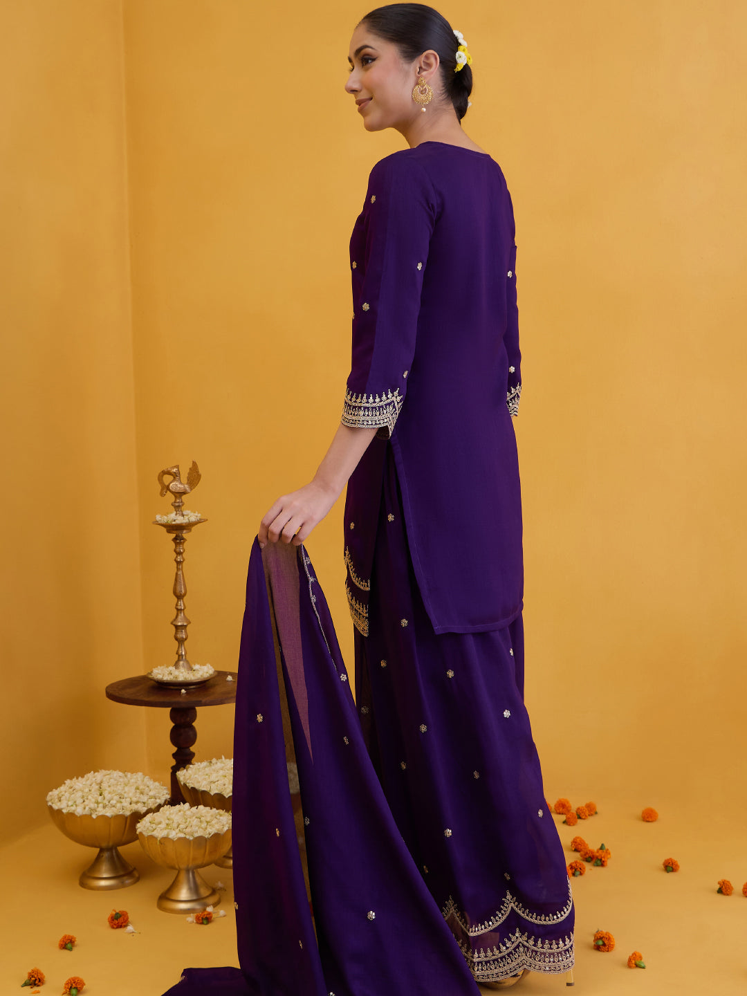 Janasya Women's Purple Silk Blend Zari Embroidered Straight Kurta with Palazzo And Dupatta Set