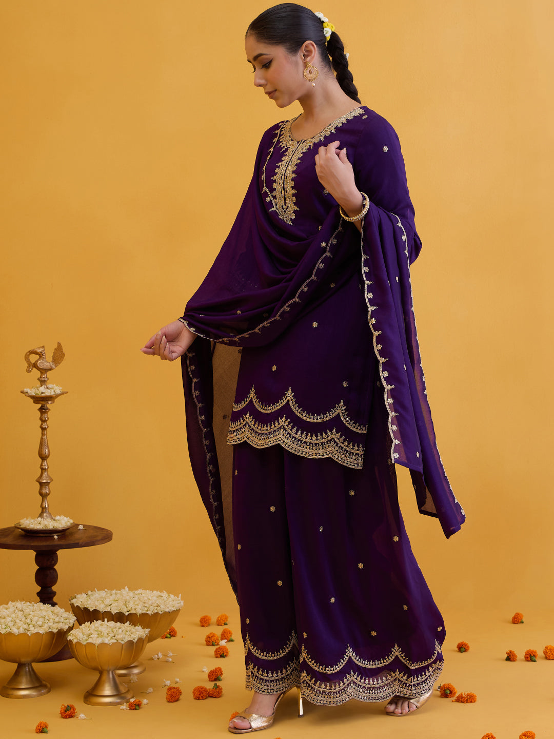 Janasya Women's Purple Silk Blend Zari Embroidered Straight Kurta with Palazzo And Dupatta Set