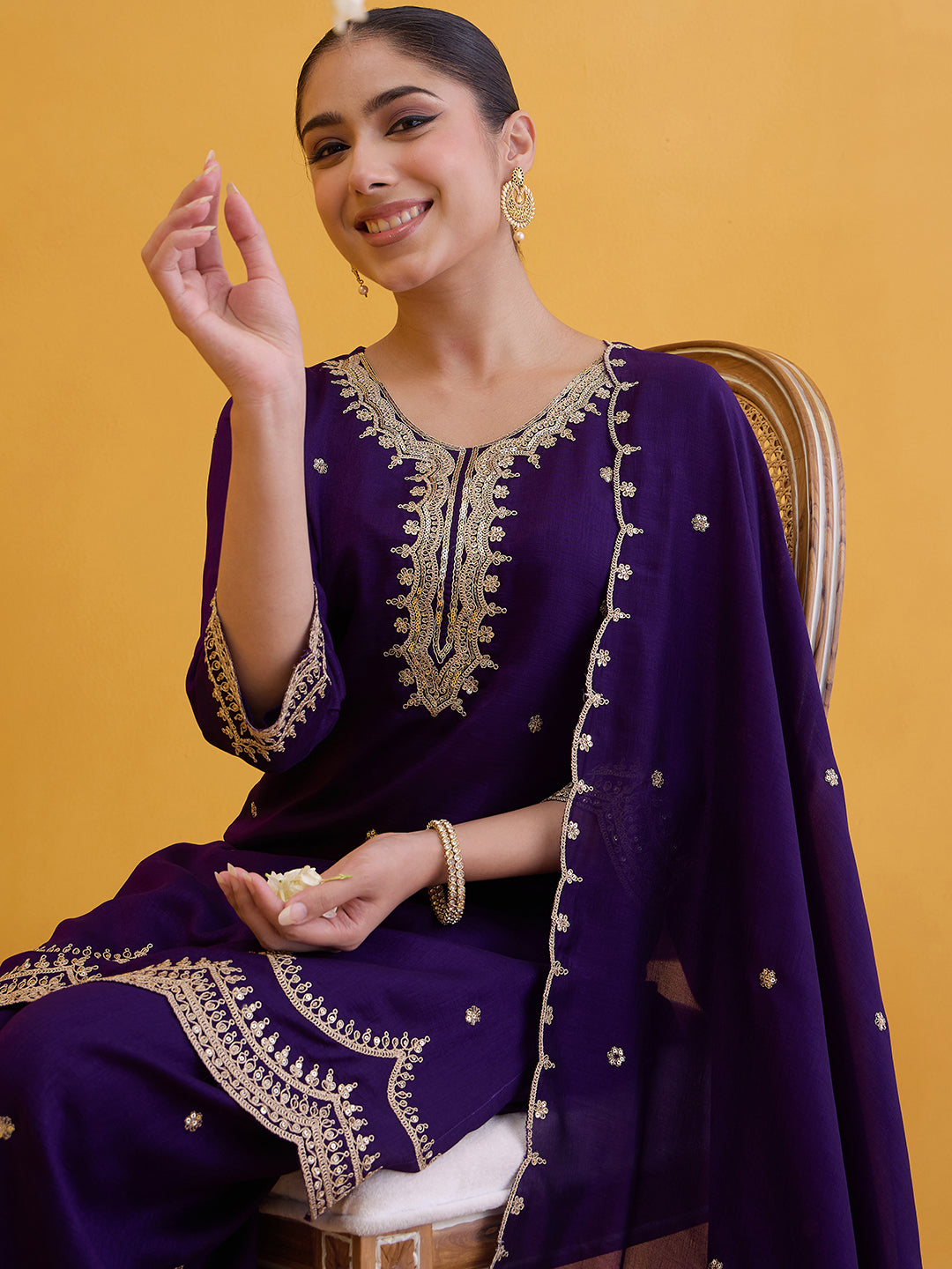 Janasya Women's Purple Silk Blend Zari Embroidered Straight Kurta with Palazzo And Dupatta Set