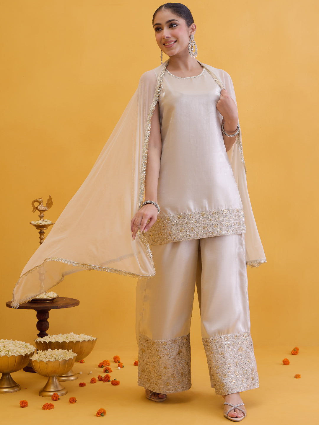 Janasya Women's Champagne Silk Blend Embellished Straight Kurta with Sharara and Dupatta Set