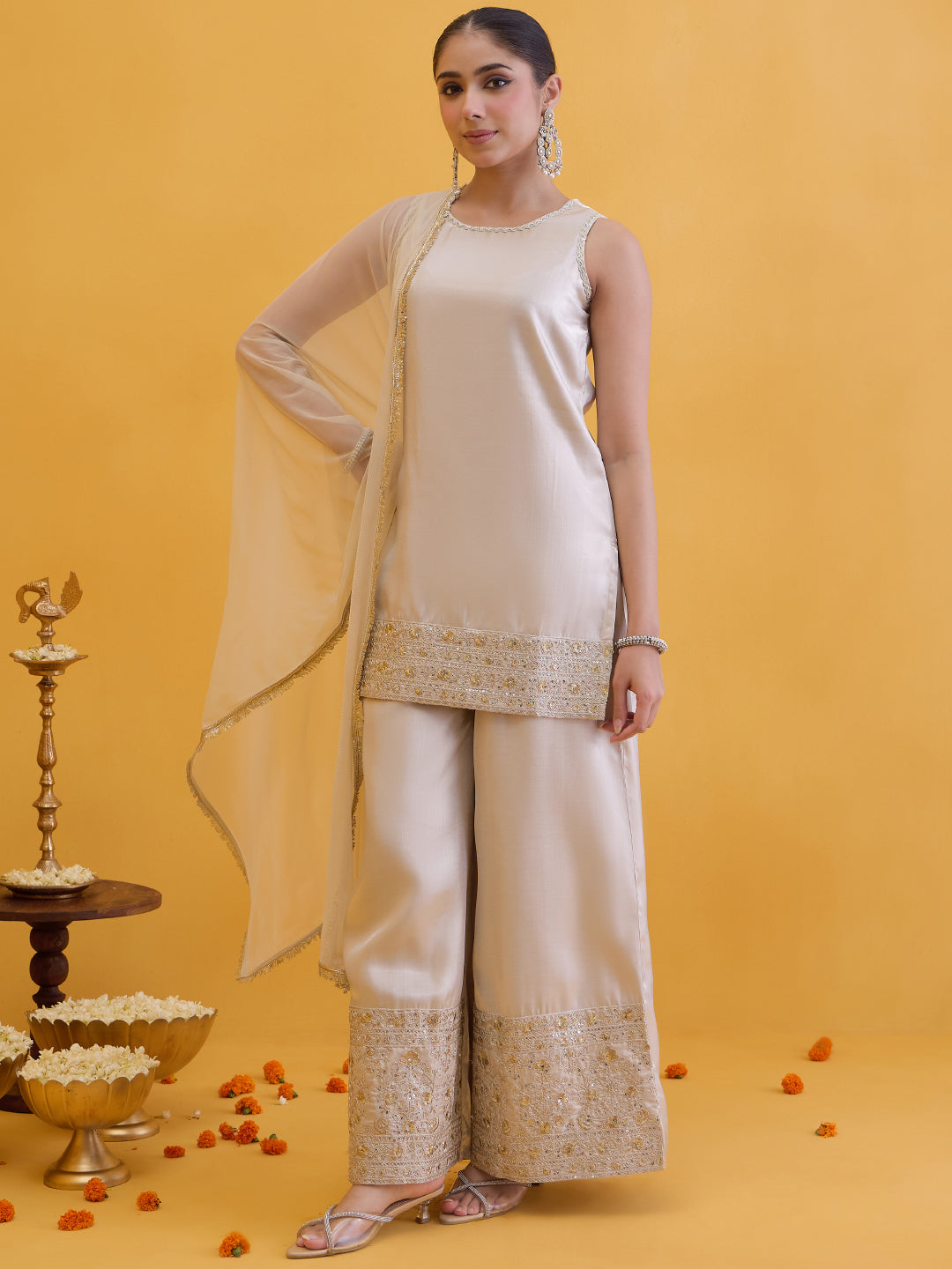 Janasya Women's Champagne Silk Blend Embellished Straight Kurta with Sharara and Dupatta Set