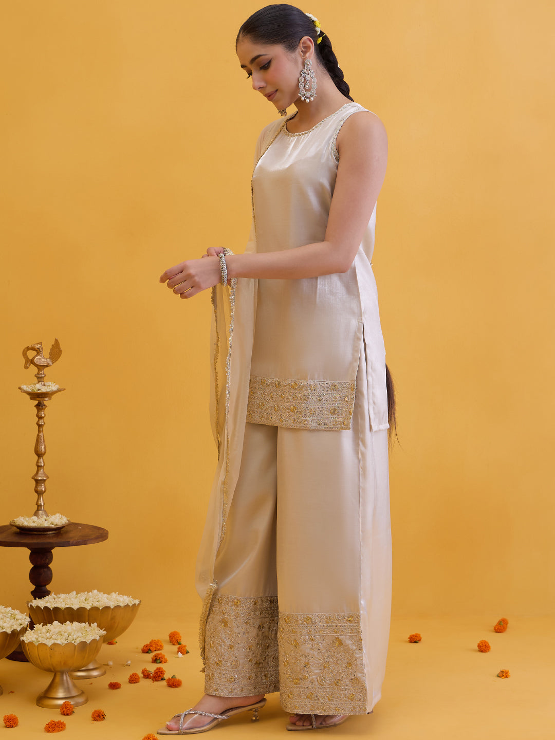 Janasya Women's Champagne Silk Blend Embellished Straight Kurta with Sharara and Dupatta Set