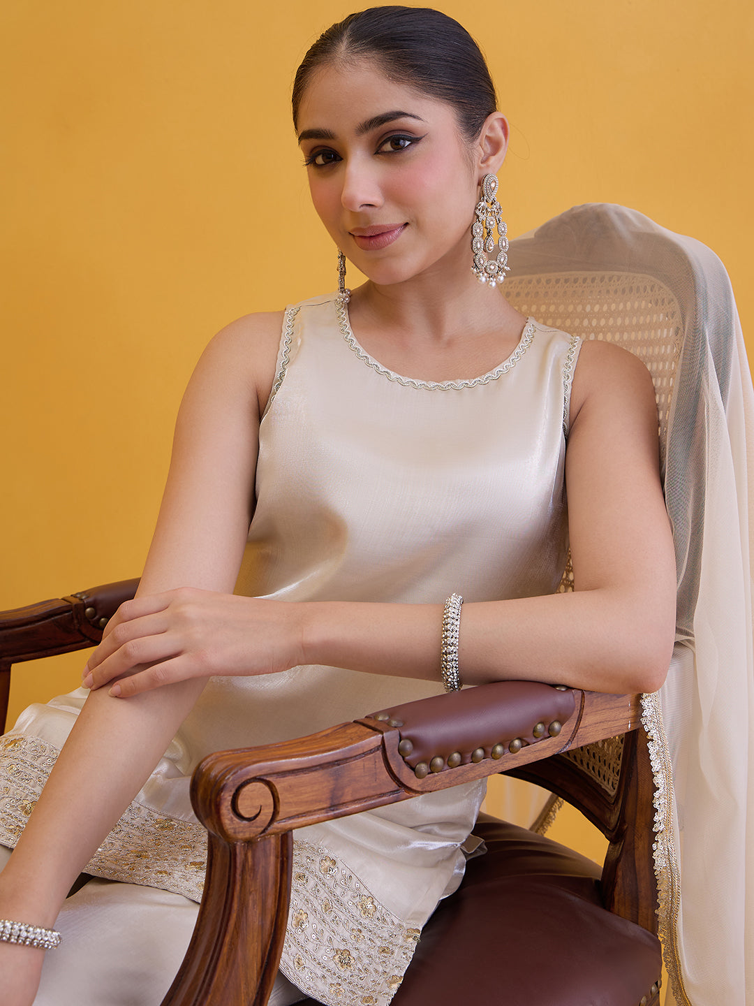 Janasya Women's Champagne Silk Blend Embellished Straight Kurta with Sharara and Dupatta Set