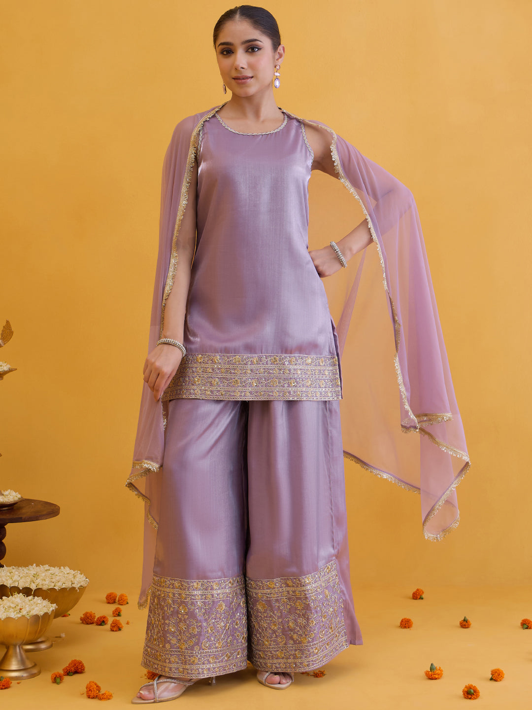 Janasya Women's Lavender Silk Blend Embellished Straight Kurta with Palazzo and Dupatta Set