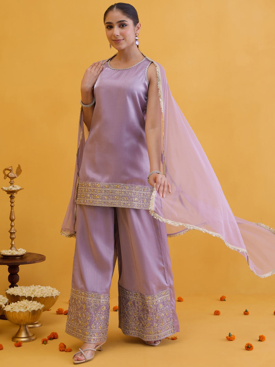 Janasya Women's Lavender Silk Blend Embellished Straight Kurta with Palazzo and Dupatta Set