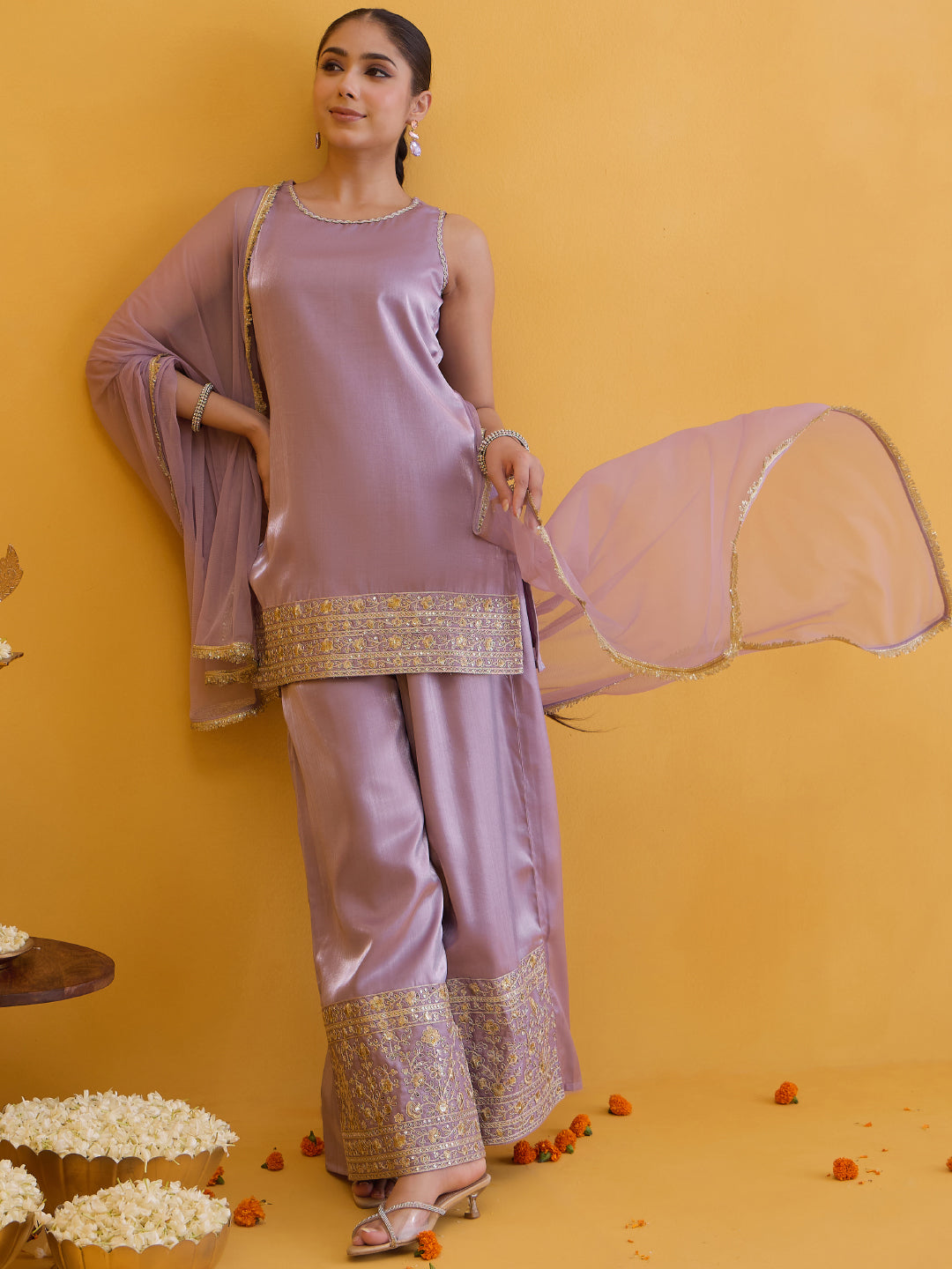 Janasya Women's Lavender Silk Blend Embellished Straight Kurta with Palazzo and Dupatta Set