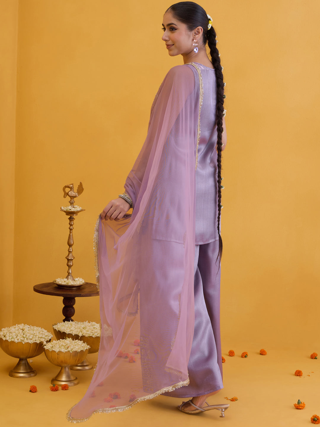 Janasya Women's Lavender Silk Blend Embellished Straight Kurta with Palazzo and Dupatta Set